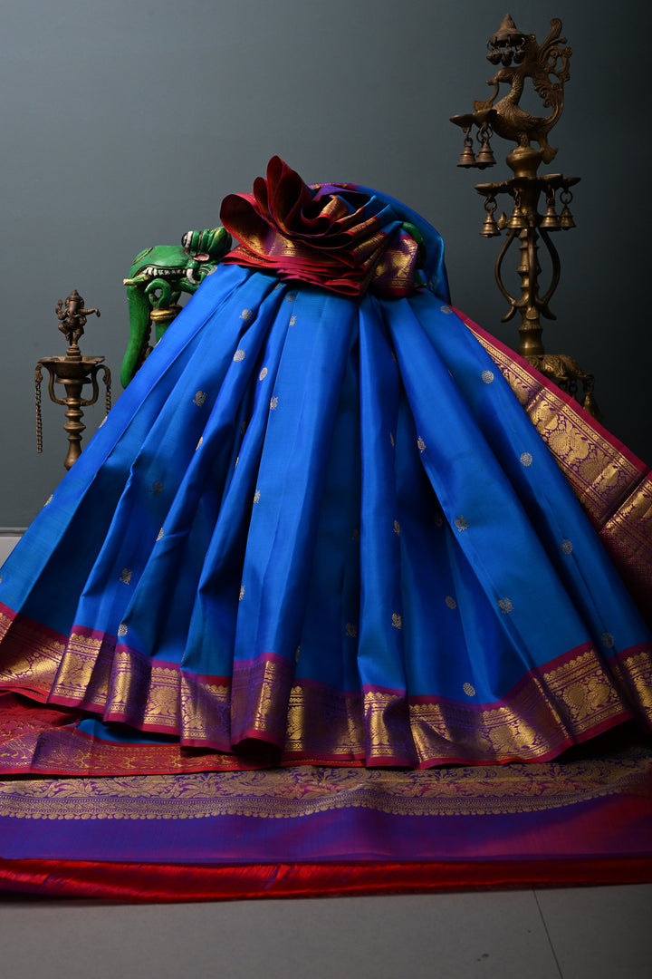MS Blue Pure Kanjivaram Silk Saree with Zari Buttas and Annapakashi Buttas on Red Contrast Zari Border | SILK MARK CERTIFIED | SHOBITAM