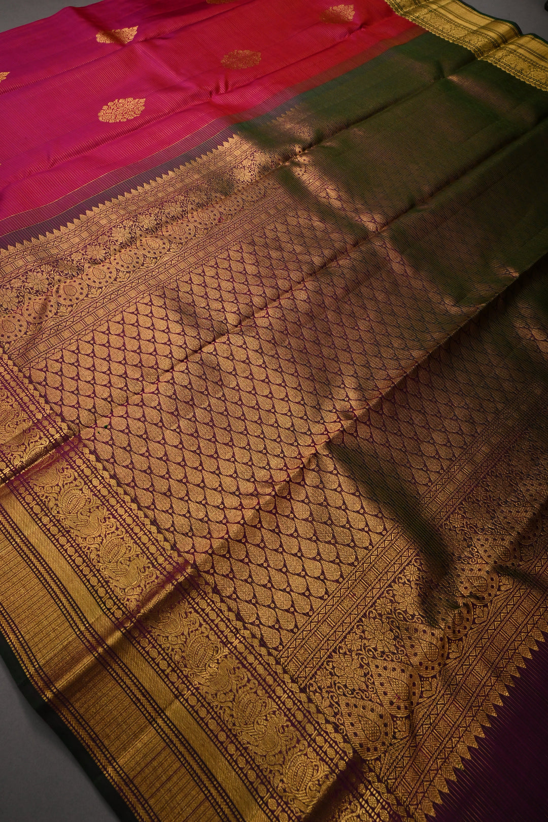 Reddish Pink Vairaoosi Zari Stripes On Pure Kanjivaram Silk Saree with Zari Buttas and Contrast Zari Border | SILK MARK CERTIFIED | SHOBITAM