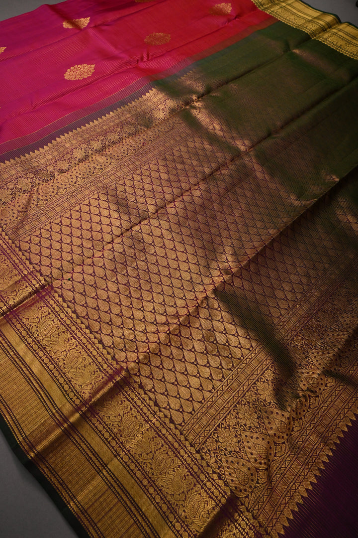 Reddish Pink Vairaoosi Zari Stripes On Pure Kanjivaram Silk Saree with Zari Buttas and Contrast Zari Border | SILK MARK CERTIFIED | SHOBITAM