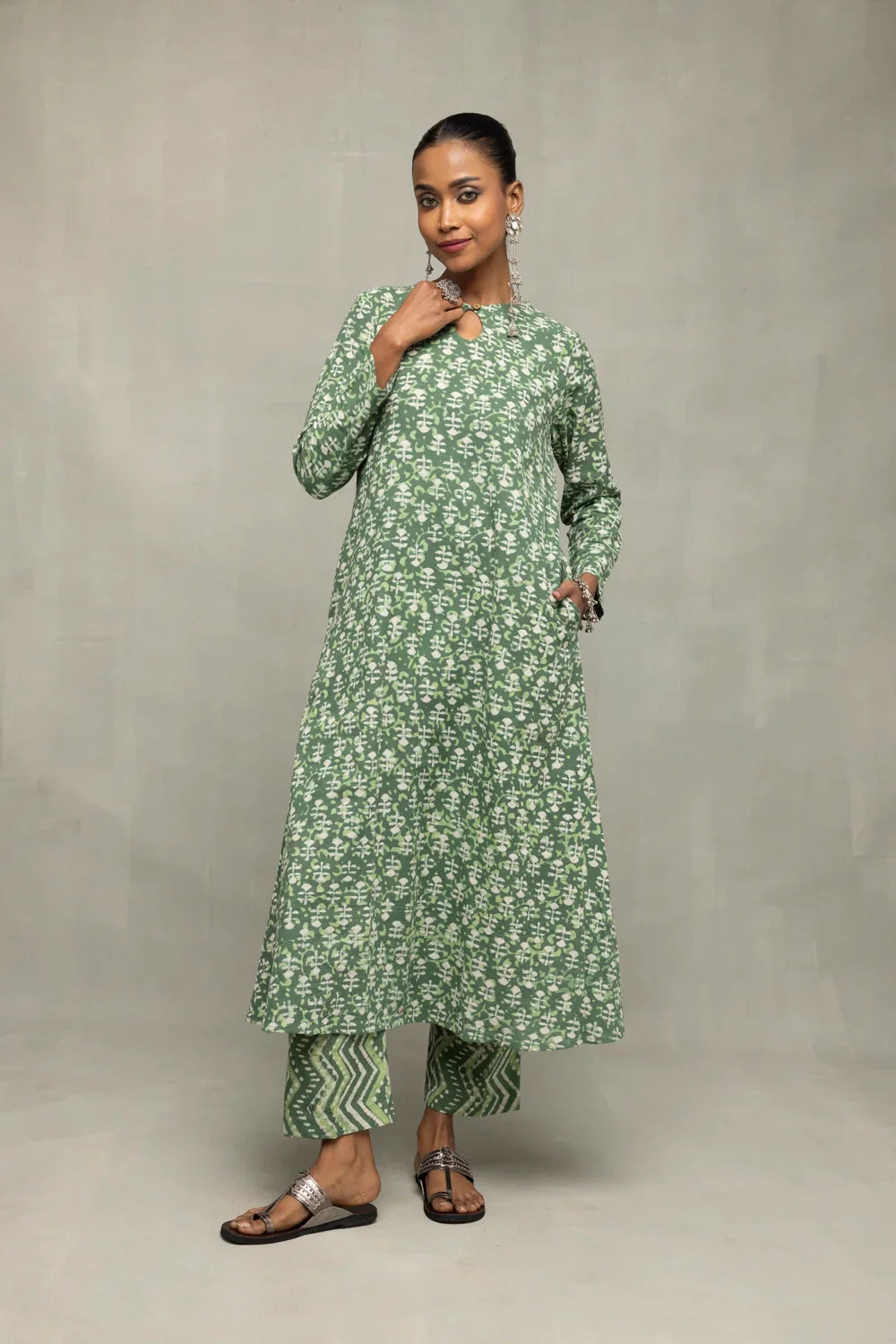 Green Pure Cotton Floral Block Print Co-Ord Set | SHOBITAM