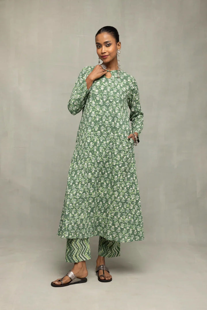 Green Pure Cotton Floral Block Print Co-Ord Set | SHOBITAM