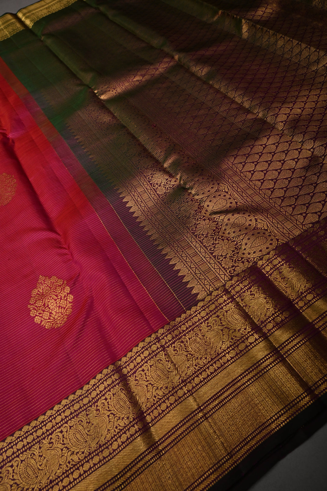Reddish Pink Vairaoosi Zari Stripes On Pure Kanjivaram Silk Saree with Zari Buttas and Contrast Zari Border | SILK MARK CERTIFIED | SHOBITAM