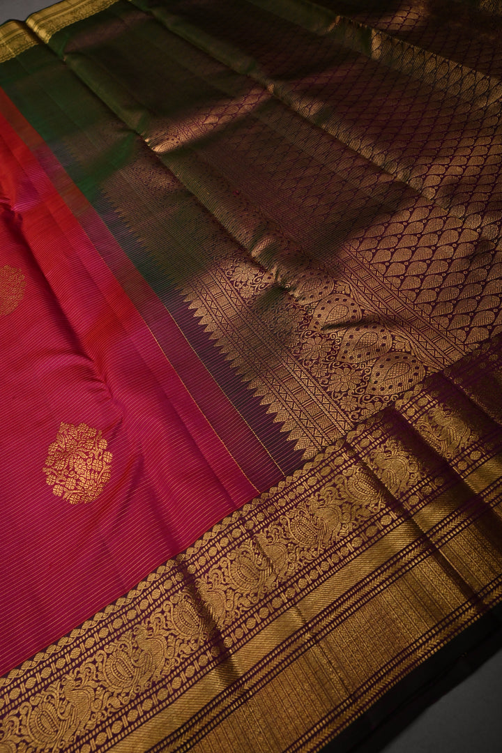 Reddish Pink Vairaoosi Zari Stripes On Pure Kanjivaram Silk Saree with Zari Buttas and Contrast Zari Border | SILK MARK CERTIFIED | SHOBITAM