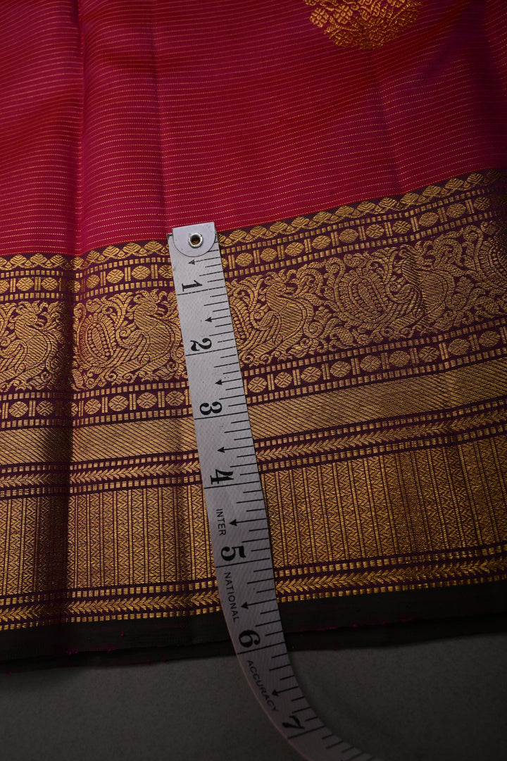Reddish Pink Vairaoosi Zari Stripes On Pure Kanjivaram Silk Saree with Zari Buttas and Contrast Zari Border | SILK MARK CERTIFIED | SHOBITAM