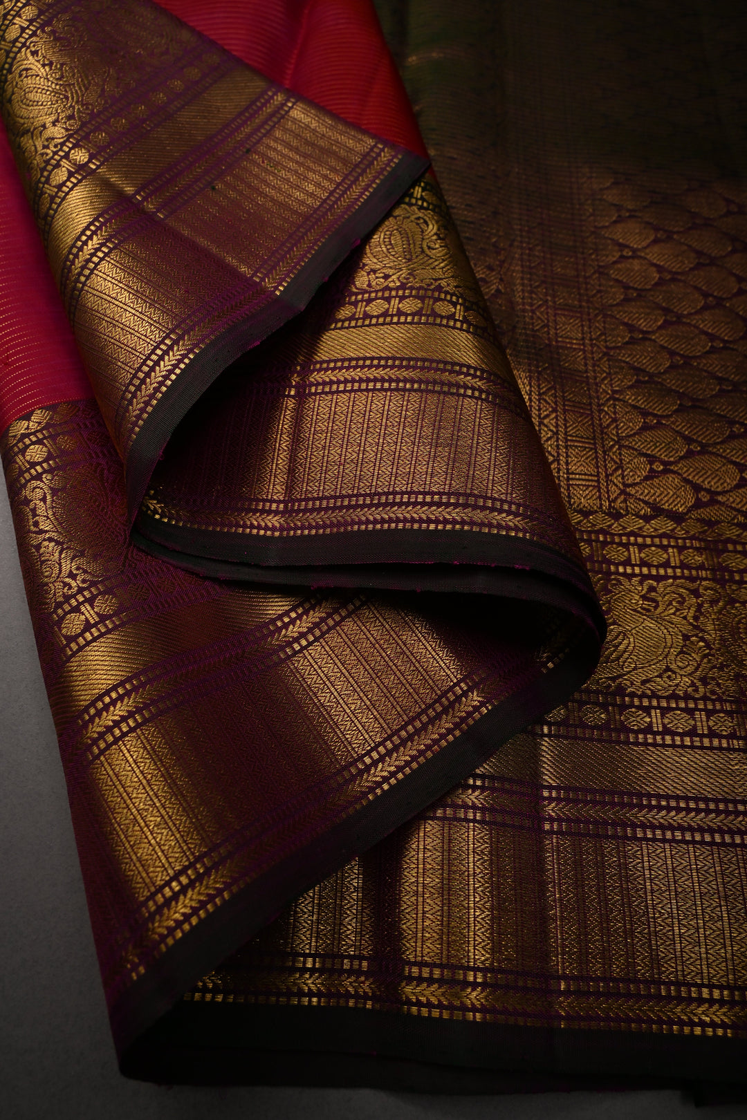 Reddish Pink Vairaoosi Zari Stripes On Pure Kanjivaram Silk Saree with Zari Buttas and Contrast Zari Border | SILK MARK CERTIFIED | SHOBITAM
