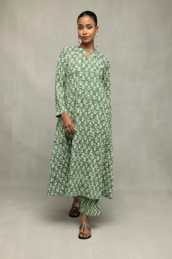Green Pure Cotton Floral Block Print Co-Ord Set | SHOBITAM