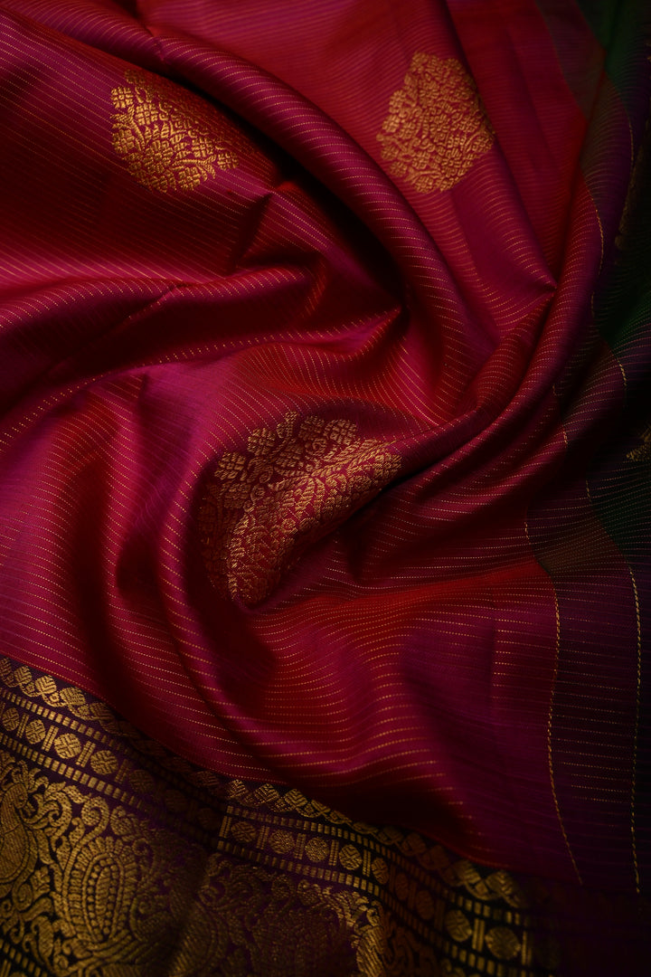 Reddish Pink Vairaoosi Zari Stripes On Pure Kanjivaram Silk Saree with Zari Buttas and Contrast Zari Border | SILK MARK CERTIFIED | SHOBITAM