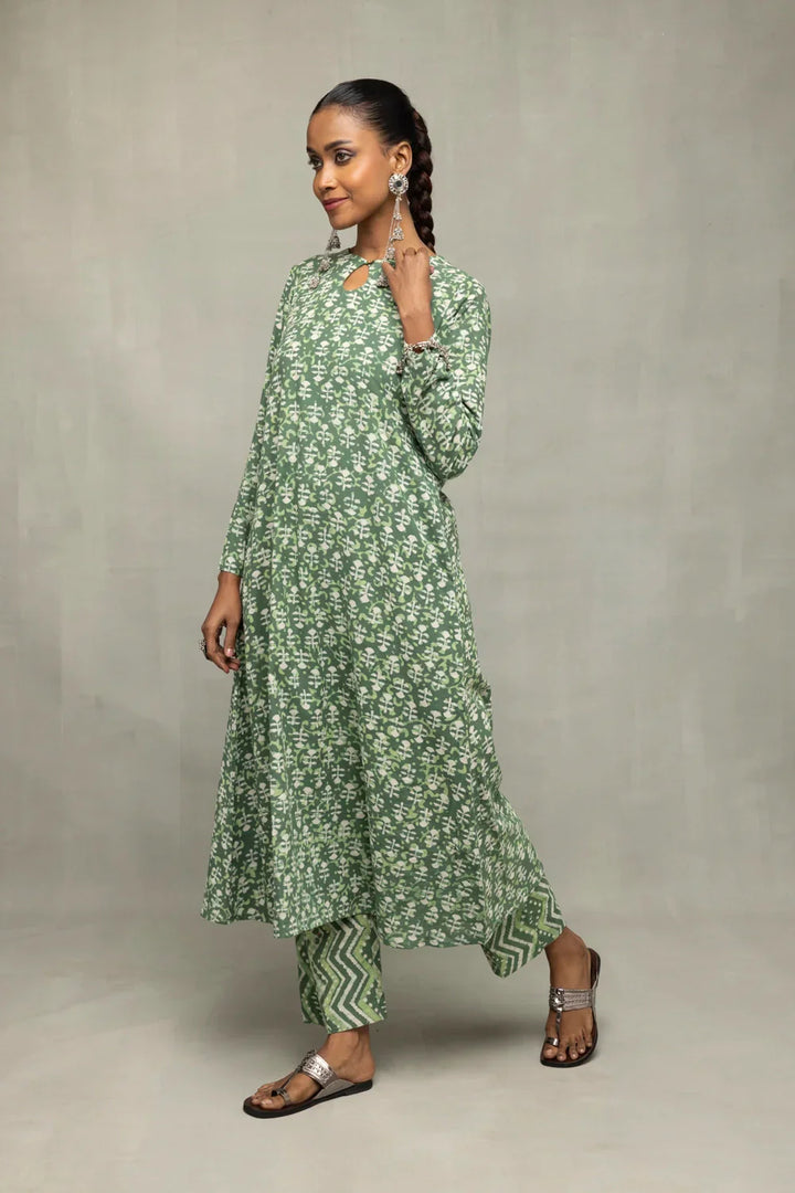 Green Pure Cotton Floral Block Print Co-Ord Set | SHOBITAM
