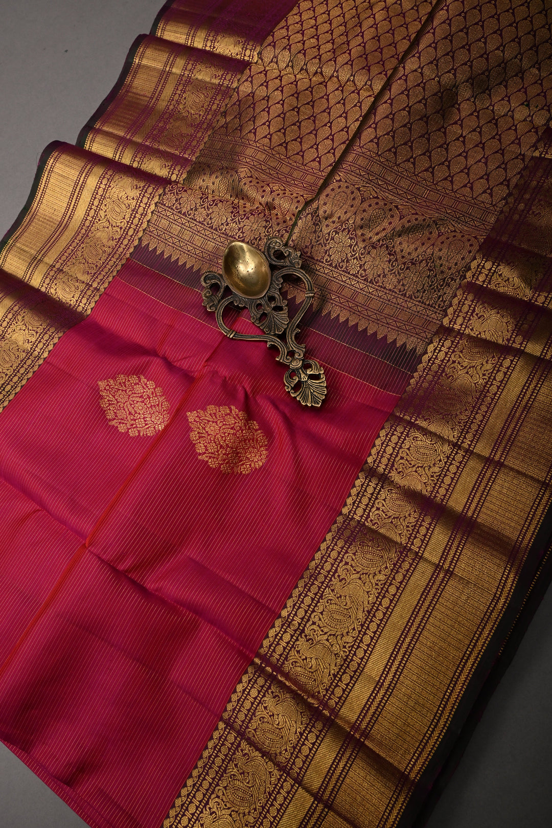 Reddish Pink Vairaoosi Zari Stripes On Pure Kanjivaram Silk Saree with Zari Buttas and Contrast Zari Border | SILK MARK CERTIFIED | SHOBITAM