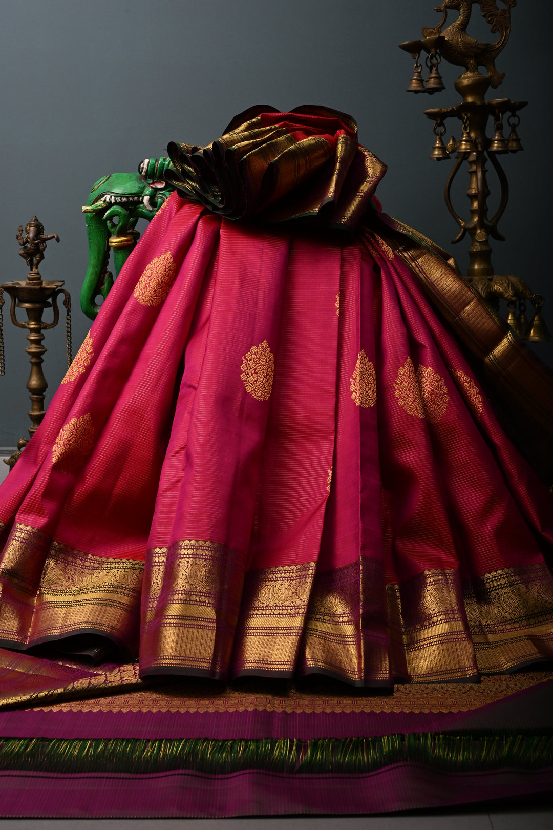 Reddish Pink Vairaoosi Zari Stripes On Pure Kanjivaram Silk Saree with Zari Buttas and Contrast Zari Border | SILK MARK CERTIFIED | SHOBITAM