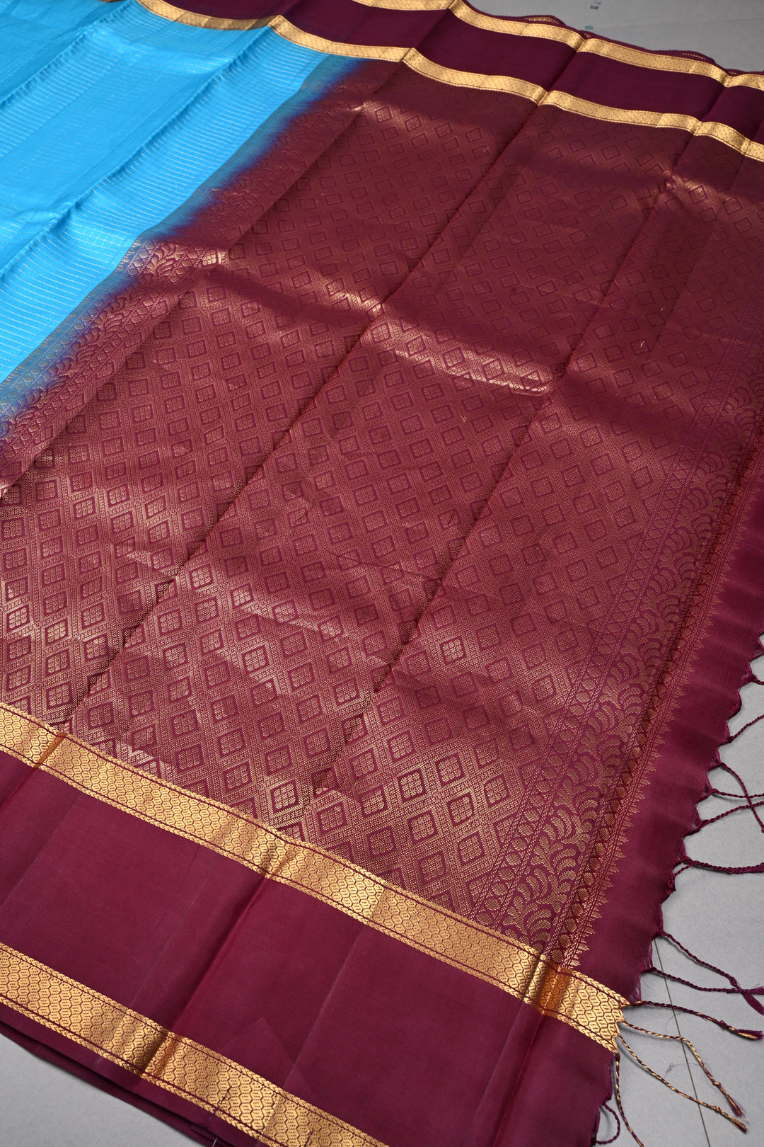 Cyan Pure Kanjivaram Soft Silk Saree with Podi-Kattam Zari Checks and Contrast Rettiapet Zari Border | SILK MARK CERTIFIED | SHOBITAM