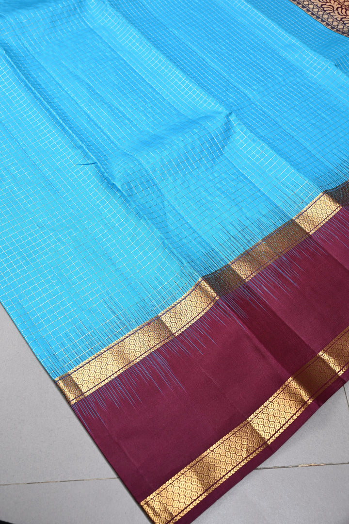 Cyan Pure Kanjivaram Soft Silk Saree with Podi-Kattam Zari Checks and Contrast Rettiapet Zari Border | SILK MARK CERTIFIED | SHOBITAM