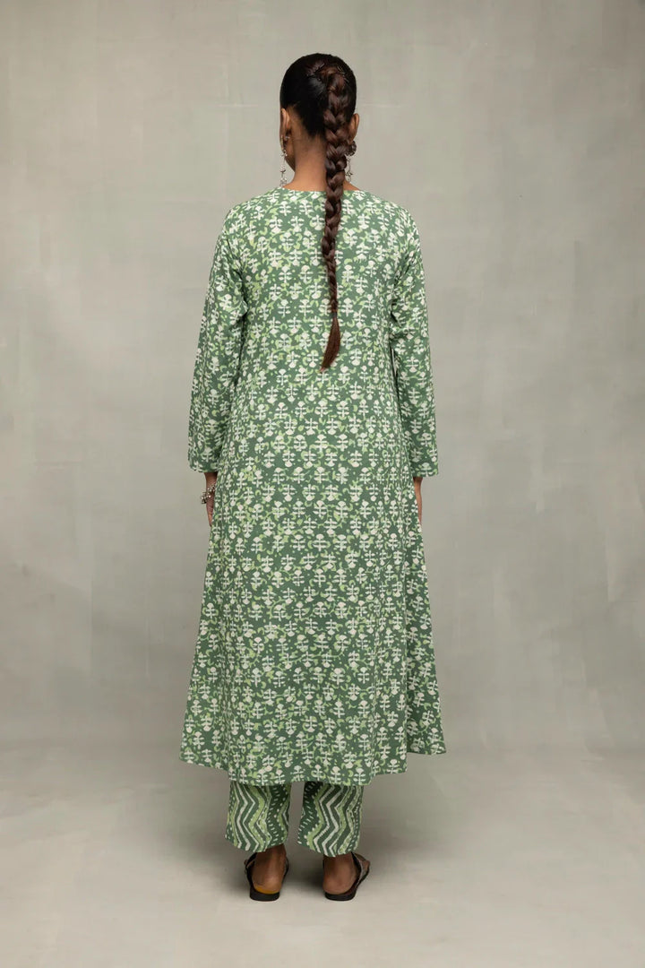 Green Pure Cotton Floral Block Print Co-Ord Set | SHOBITAM