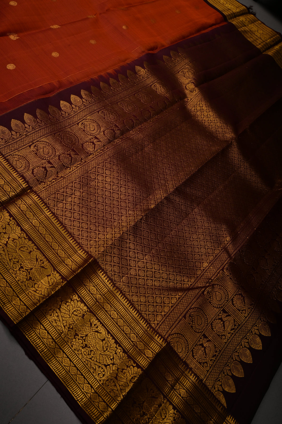 Rust Orange Pure Kanjivaram Silk Saree with Zari Buttas and Contrast Zari Border | SILK MARK CERTIFIED | SHOBITAM