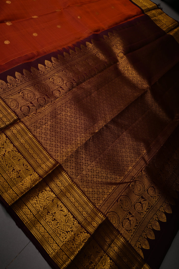 Rust Orange Pure Kanjivaram Silk Saree with Zari Buttas and Contrast Zari Border | SILK MARK CERTIFIED | SHOBITAM