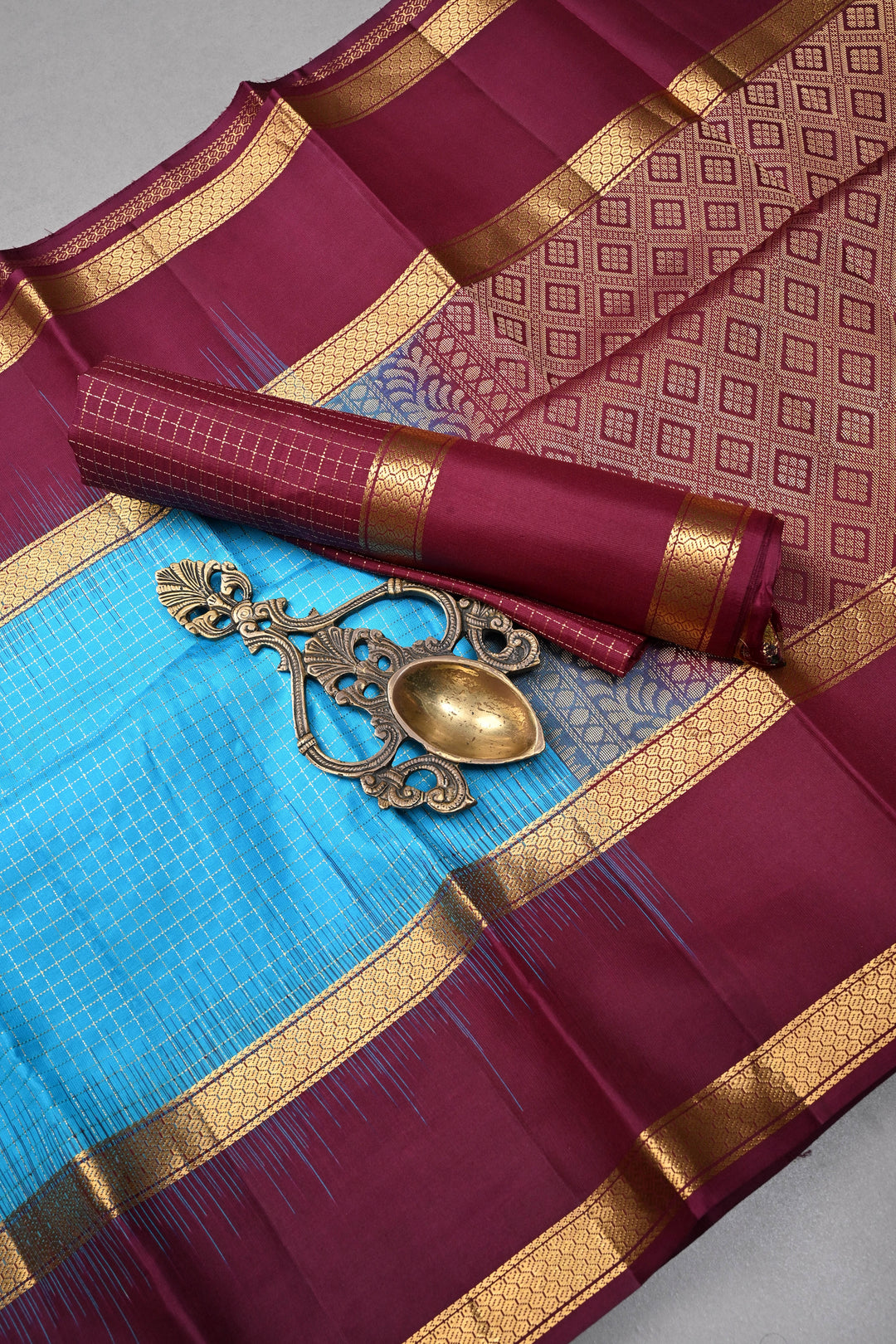 Cyan Pure Kanjivaram Soft Silk Saree with Podi-Kattam Zari Checks and Contrast Rettiapet Zari Border | SILK MARK CERTIFIED | SHOBITAM