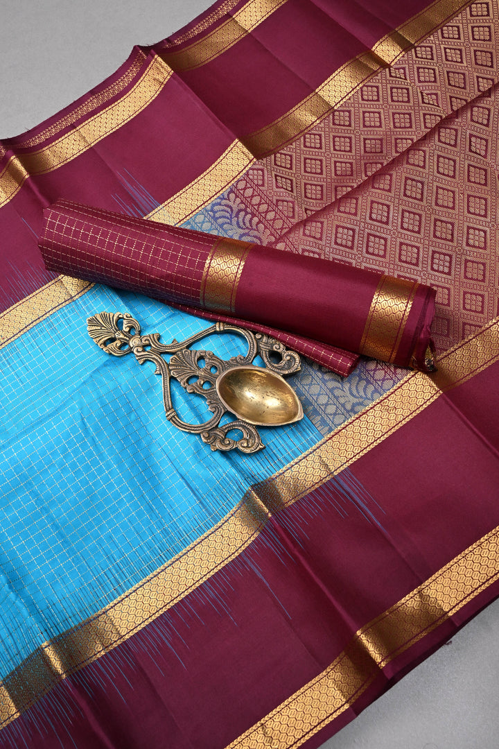 Cyan Pure Kanjivaram Soft Silk Saree with Podi-Kattam Zari Checks and Contrast Rettiapet Zari Border | SILK MARK CERTIFIED | SHOBITAM