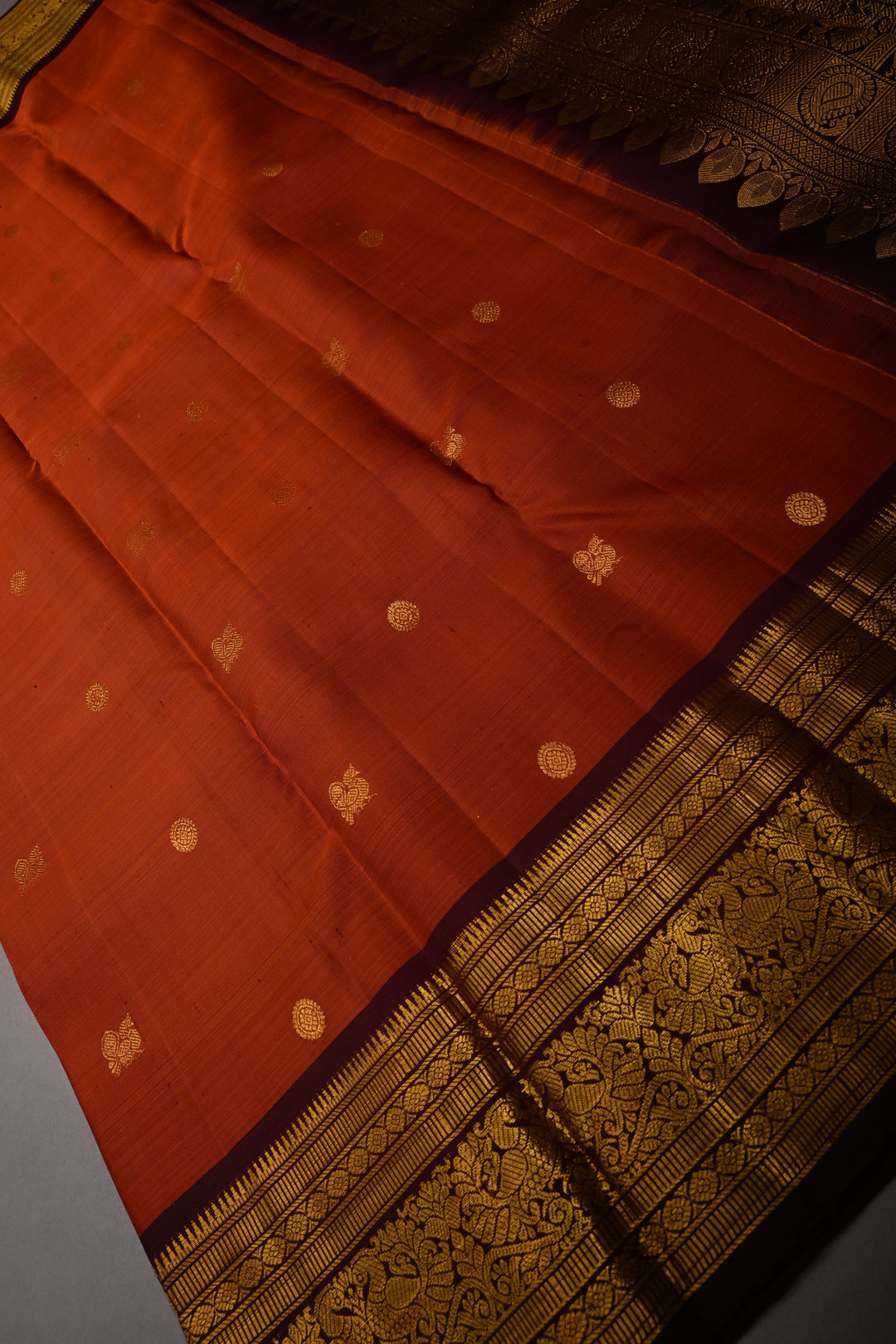 Rust Orange Pure Kanjivaram Silk Saree with Zari Buttas and Contrast Zari Border | SILK MARK CERTIFIED | SHOBITAM