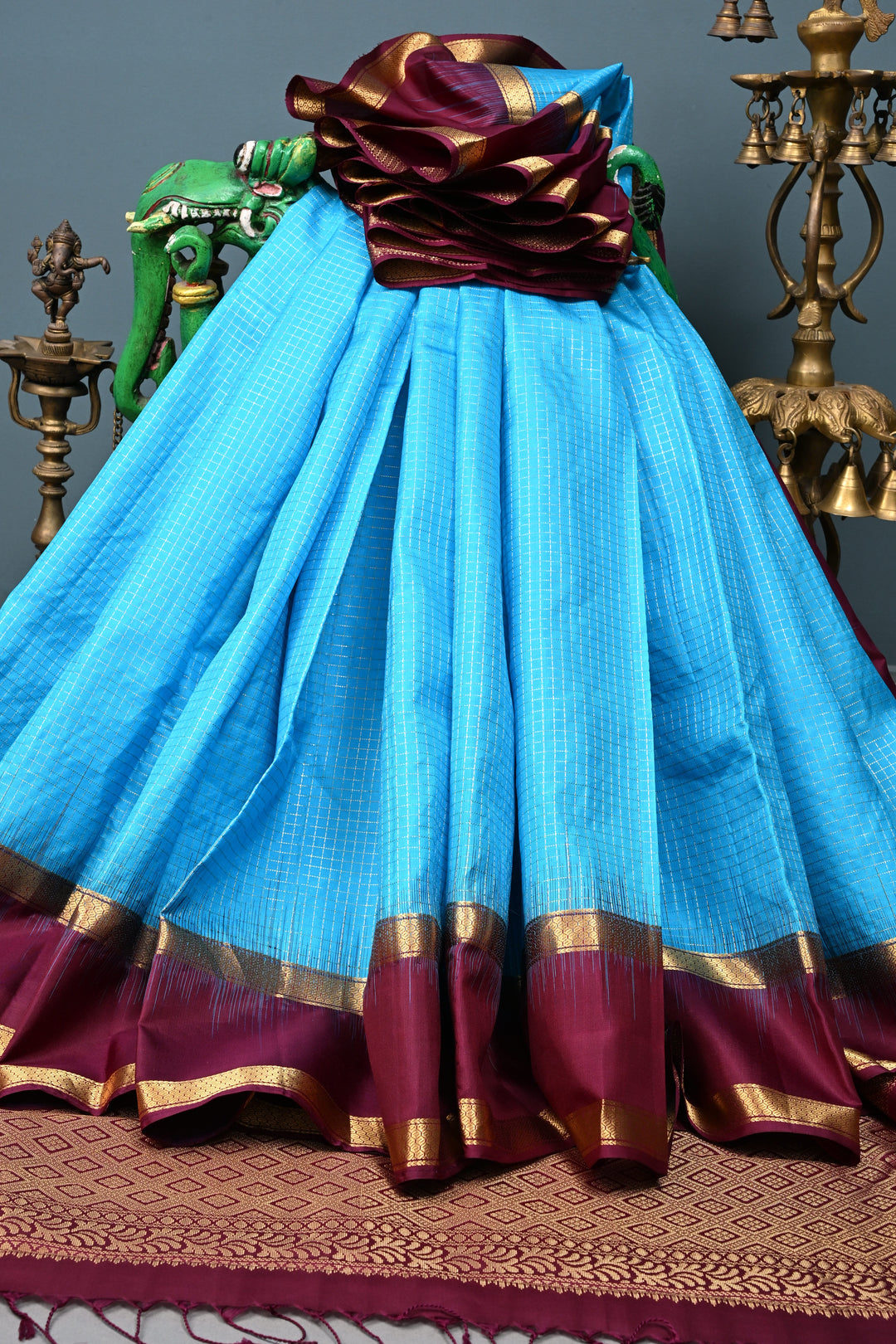 Cyan Pure Kanjivaram Soft Silk Saree with Podi-Kattam Zari Checks and Contrast Rettiapet Zari Border | SILK MARK CERTIFIED | SHOBITAM