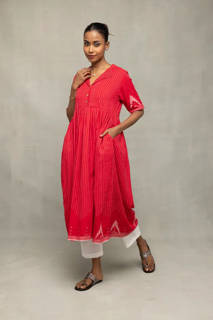 Red and White Temple Jamdani Pujo Kurta Set | SHOBITAM