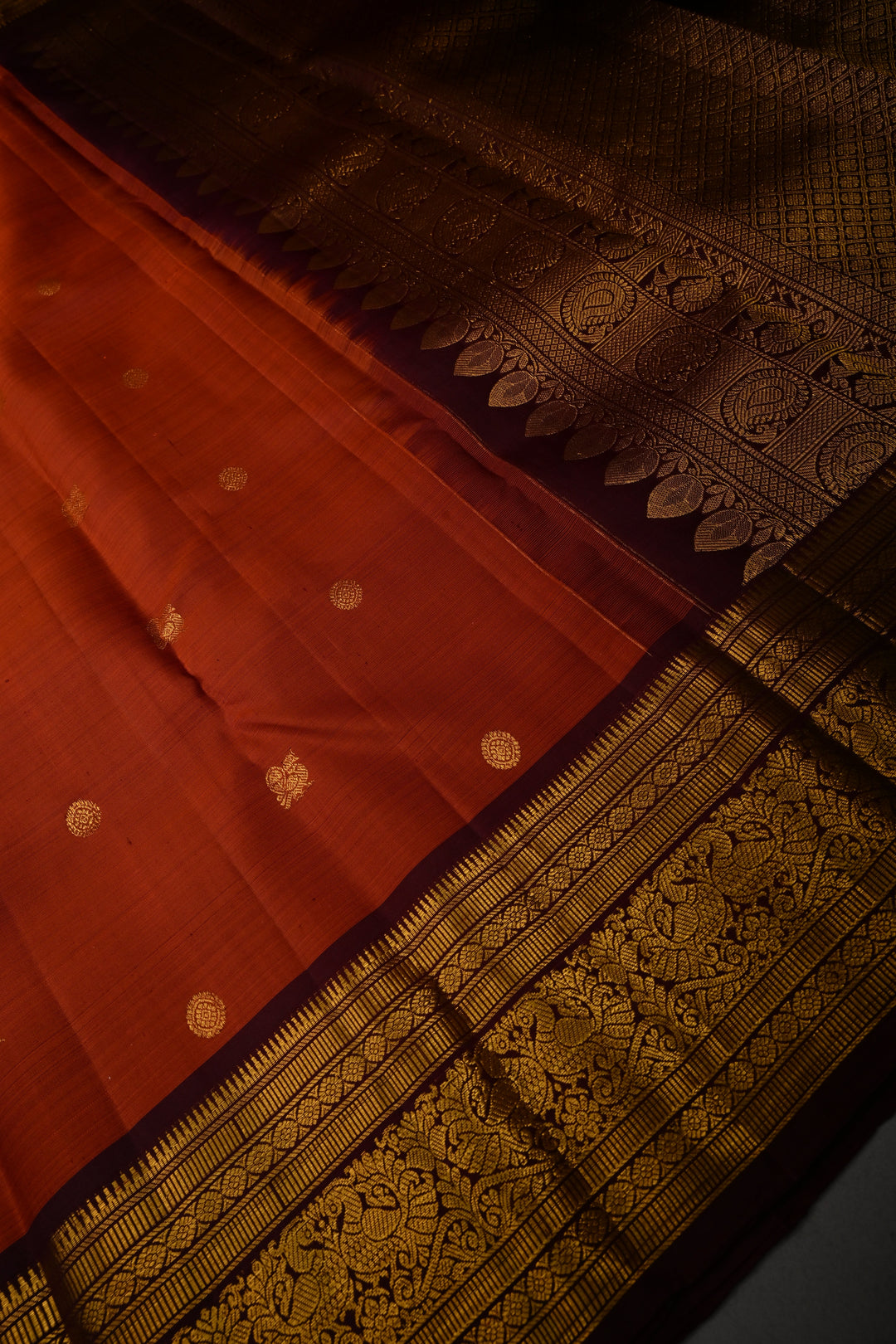 Rust Orange Pure Kanjivaram Silk Saree with Zari Buttas and Contrast Zari Border | SILK MARK CERTIFIED | SHOBITAM
