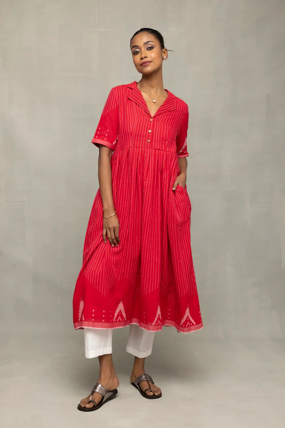 Red and White Temple Jamdani Pujo Kurta Set | SHOBITAM