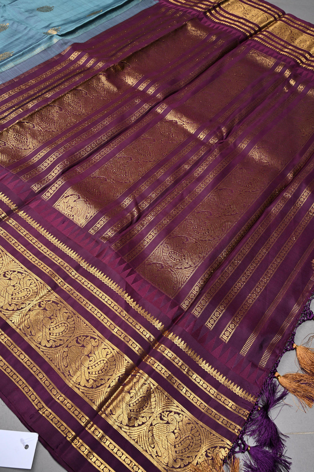 Grayish Blue Gadwal Silk Saree with Zari Buttas and Contrast Wide Zari Border | SILK MARK CERTIFIED | SHOBITAM