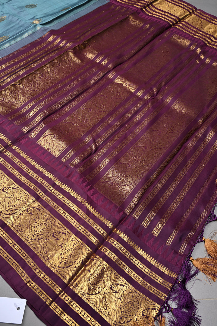 Grayish Blue Gadwal Silk Saree with Zari Buttas and Contrast Wide Zari Border | SILK MARK CERTIFIED | SHOBITAM