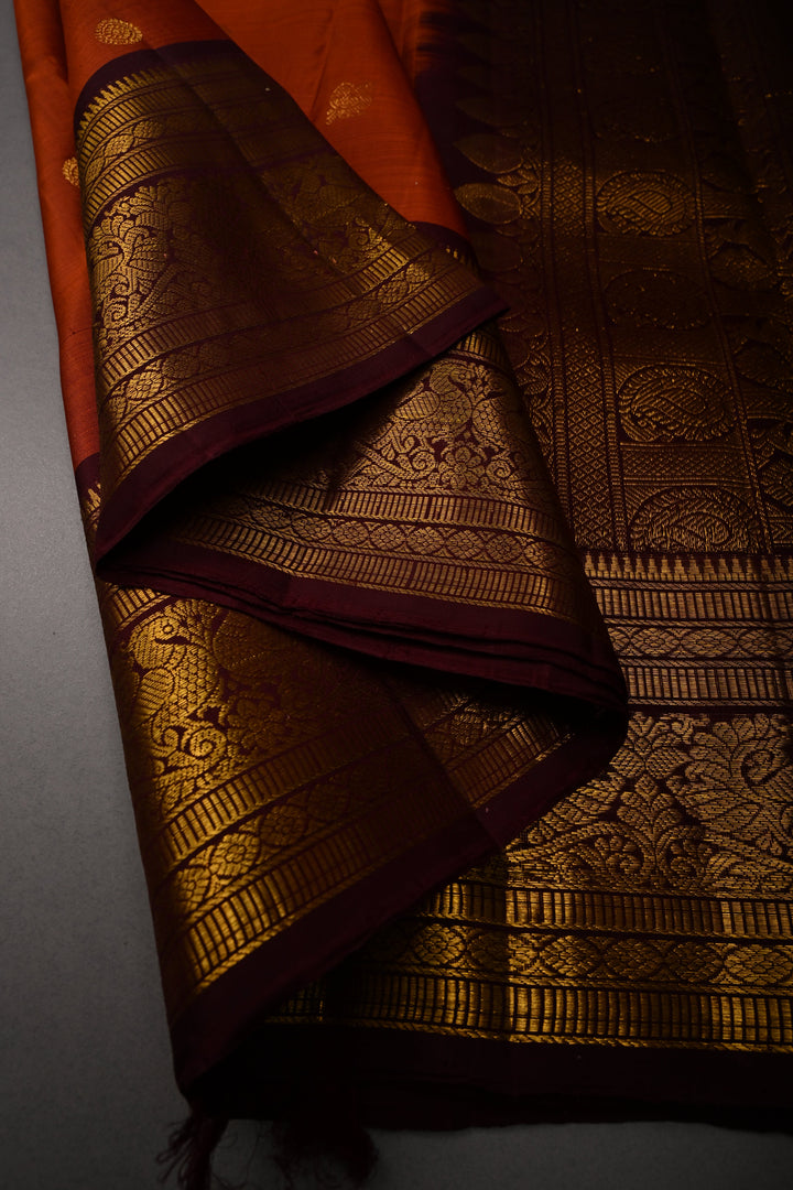 Rust Orange Pure Kanjivaram Silk Saree with Zari Buttas and Contrast Zari Border | SILK MARK CERTIFIED | SHOBITAM