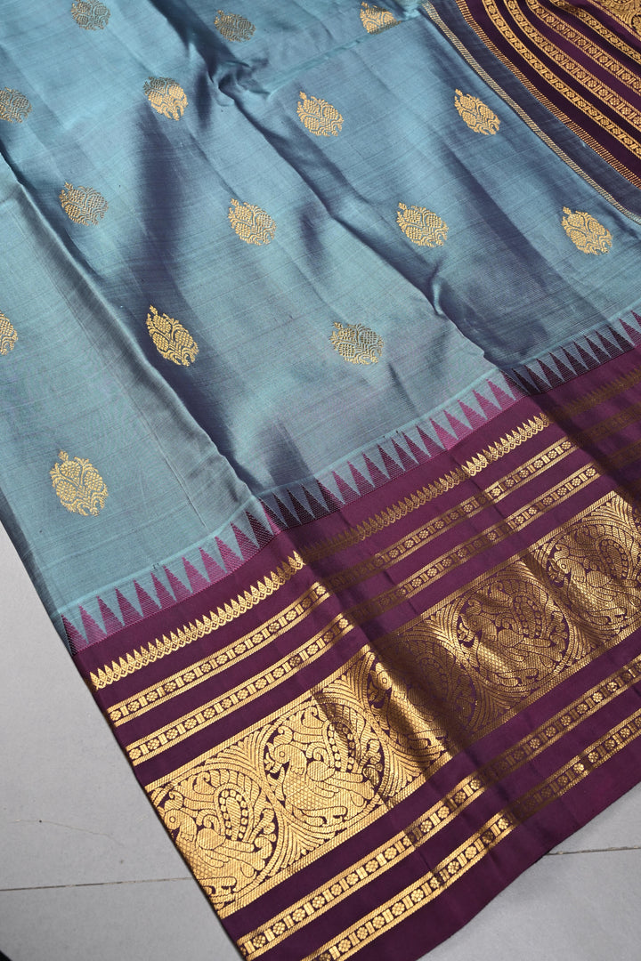 Grayish Blue Gadwal Silk Saree with Zari Buttas and Contrast Wide Zari Border | SILK MARK CERTIFIED | SHOBITAM