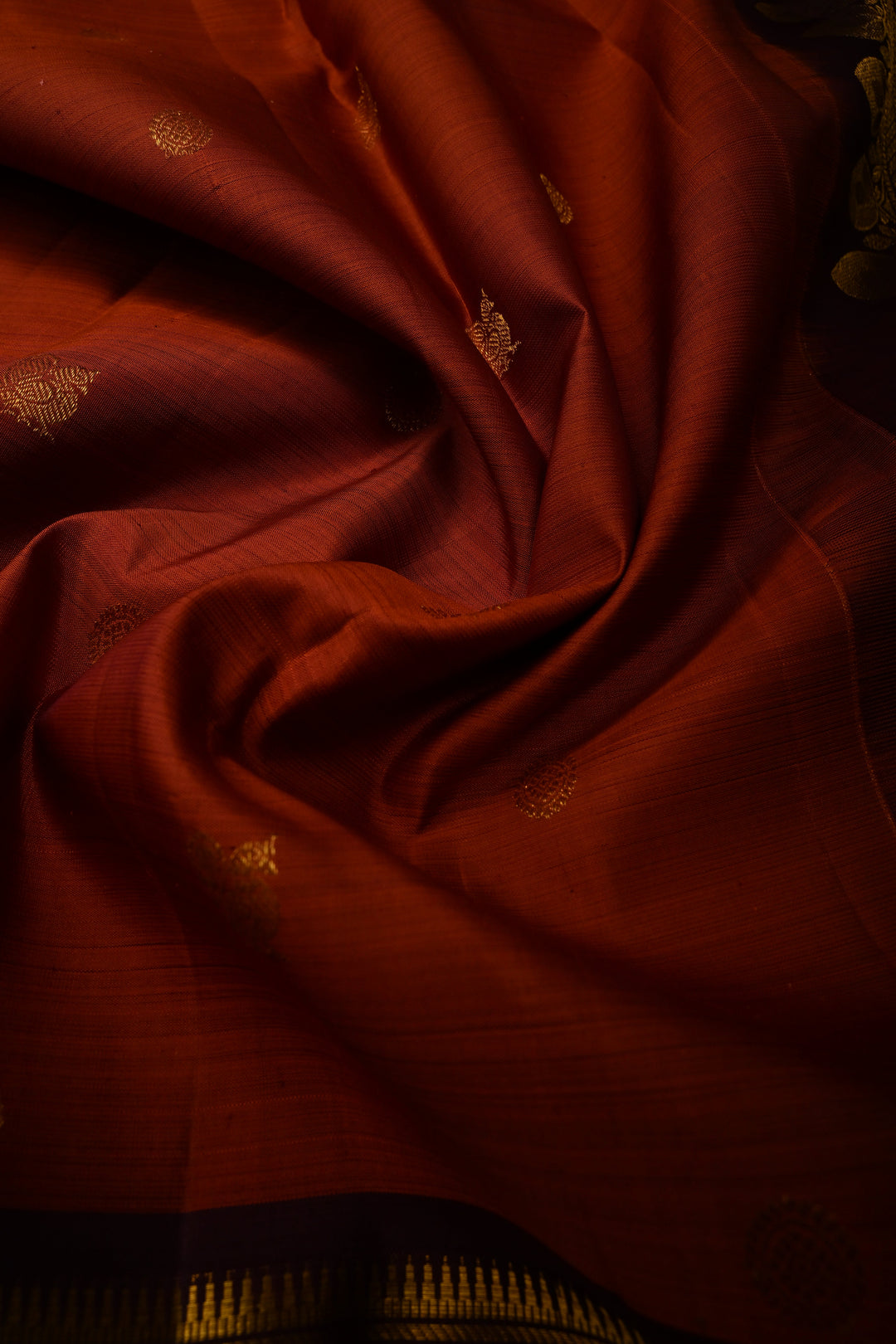 Rust Orange Pure Kanjivaram Silk Saree with Zari Buttas and Contrast Zari Border | SILK MARK CERTIFIED | SHOBITAM