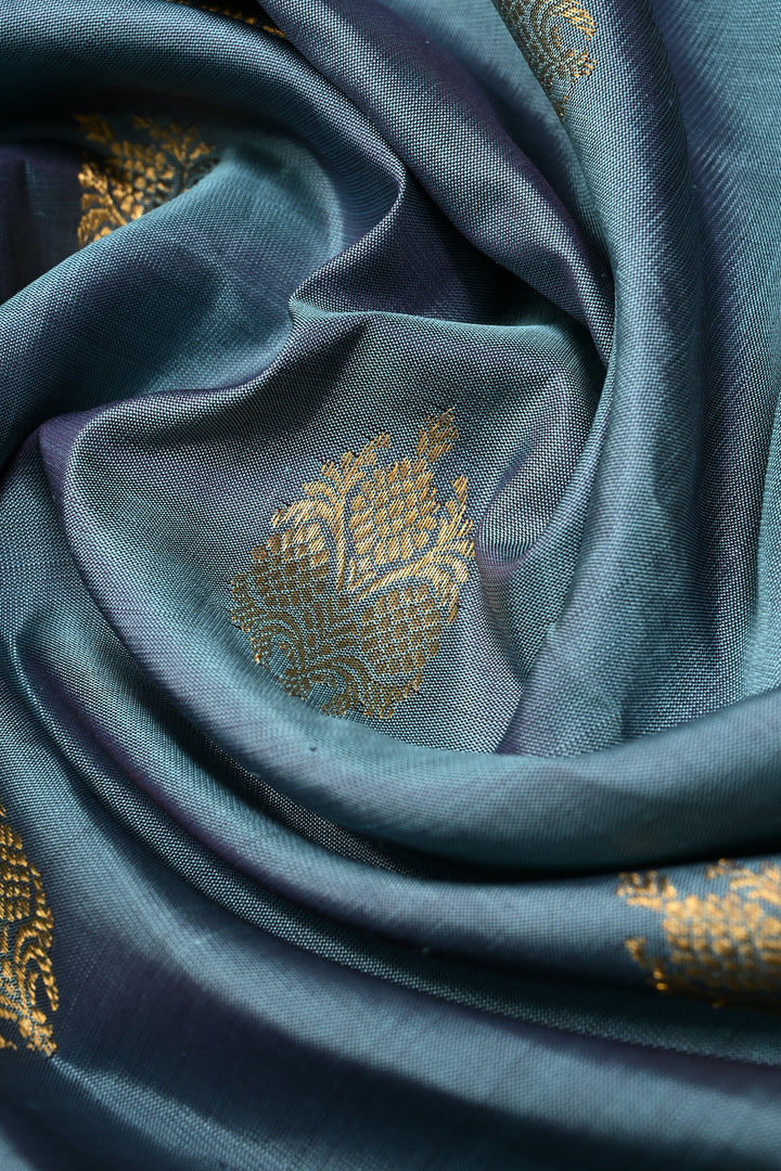 Grayish Blue Gadwal Silk Saree with Zari Buttas and Contrast Wide Zari Border | SILK MARK CERTIFIED | SHOBITAM