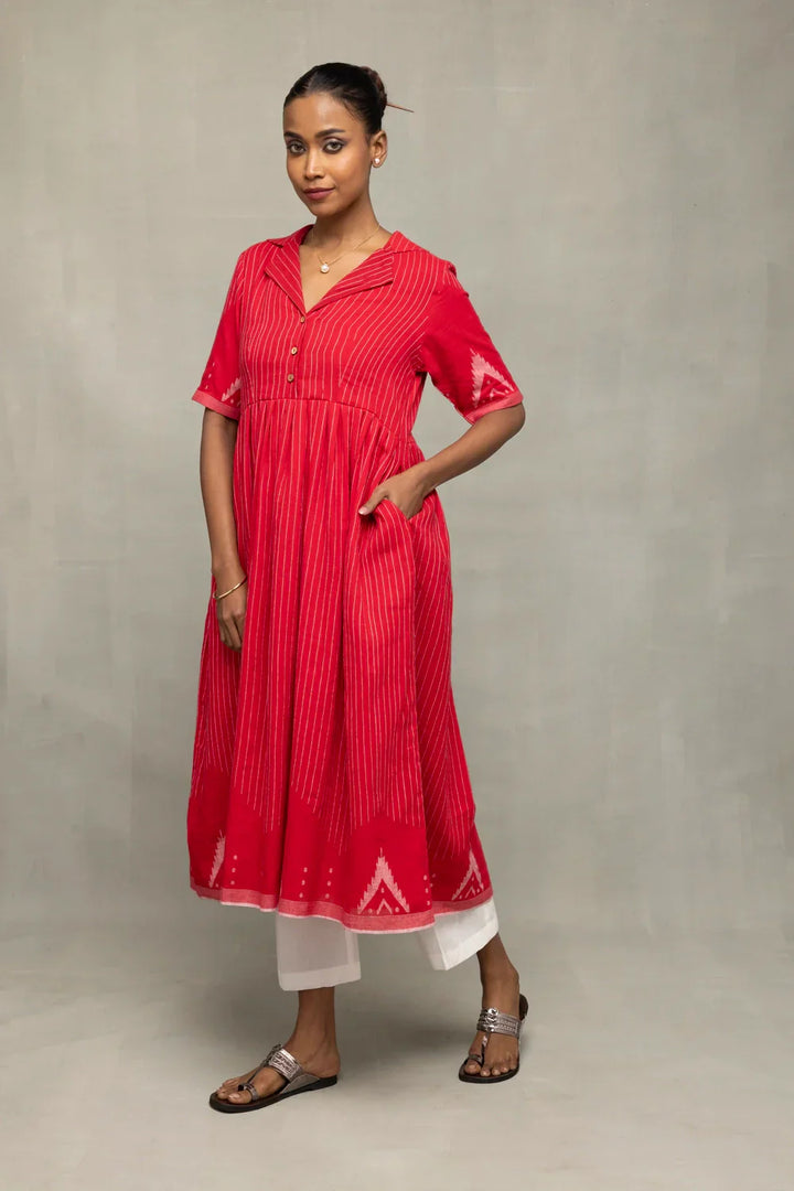 Red and White Temple Jamdani Pujo Kurta Set | SHOBITAM