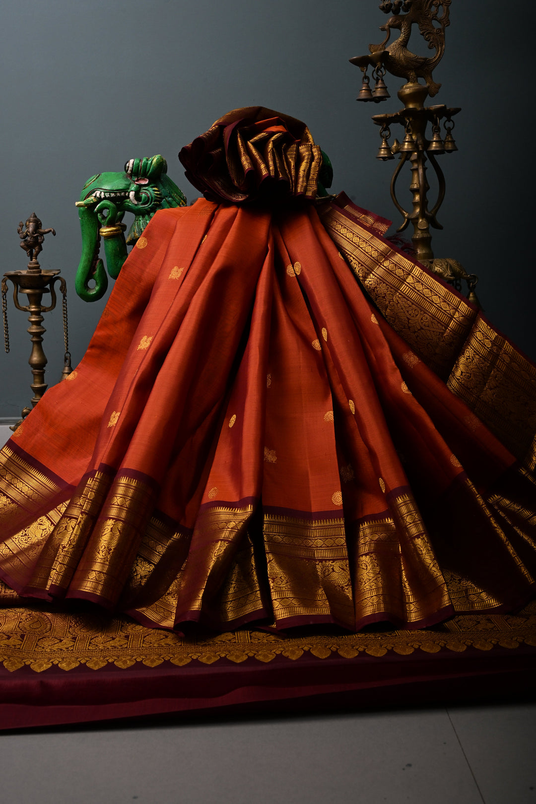 Rust Orange Pure Kanjivaram Silk Saree with Zari Buttas and Contrast Zari Border | SILK MARK CERTIFIED | SHOBITAM