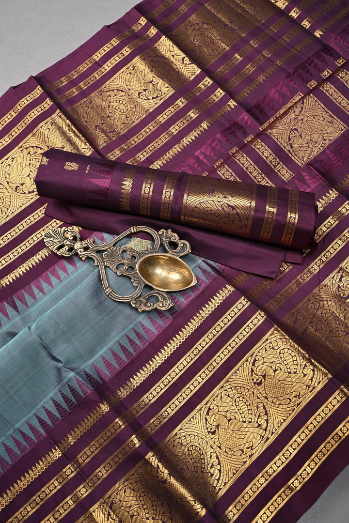 Grayish Blue Gadwal Silk Saree with Zari Buttas and Contrast Wide Zari Border | SILK MARK CERTIFIED | SHOBITAM
