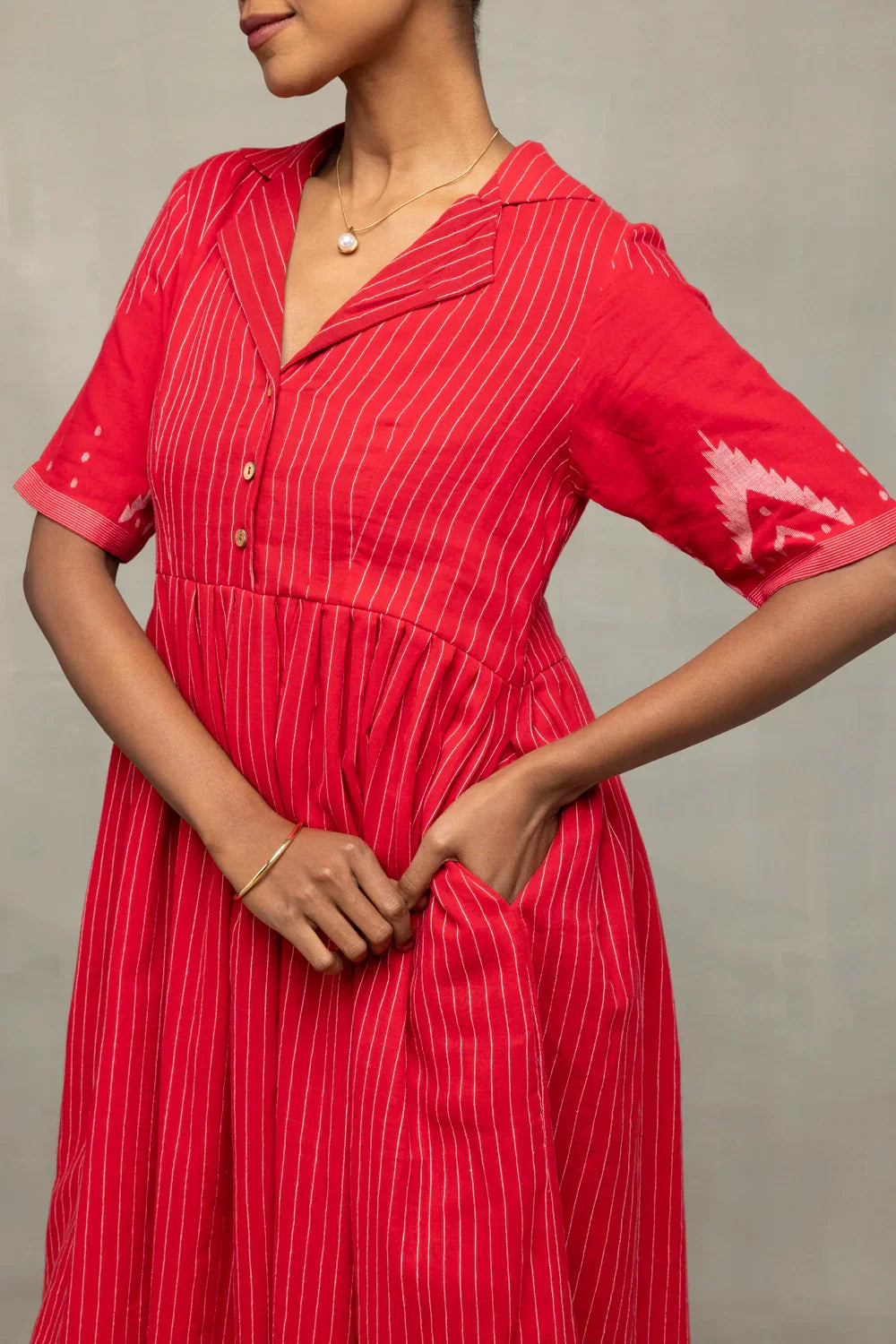 Red and White Temple Jamdani Pujo Kurta Set | SHOBITAM