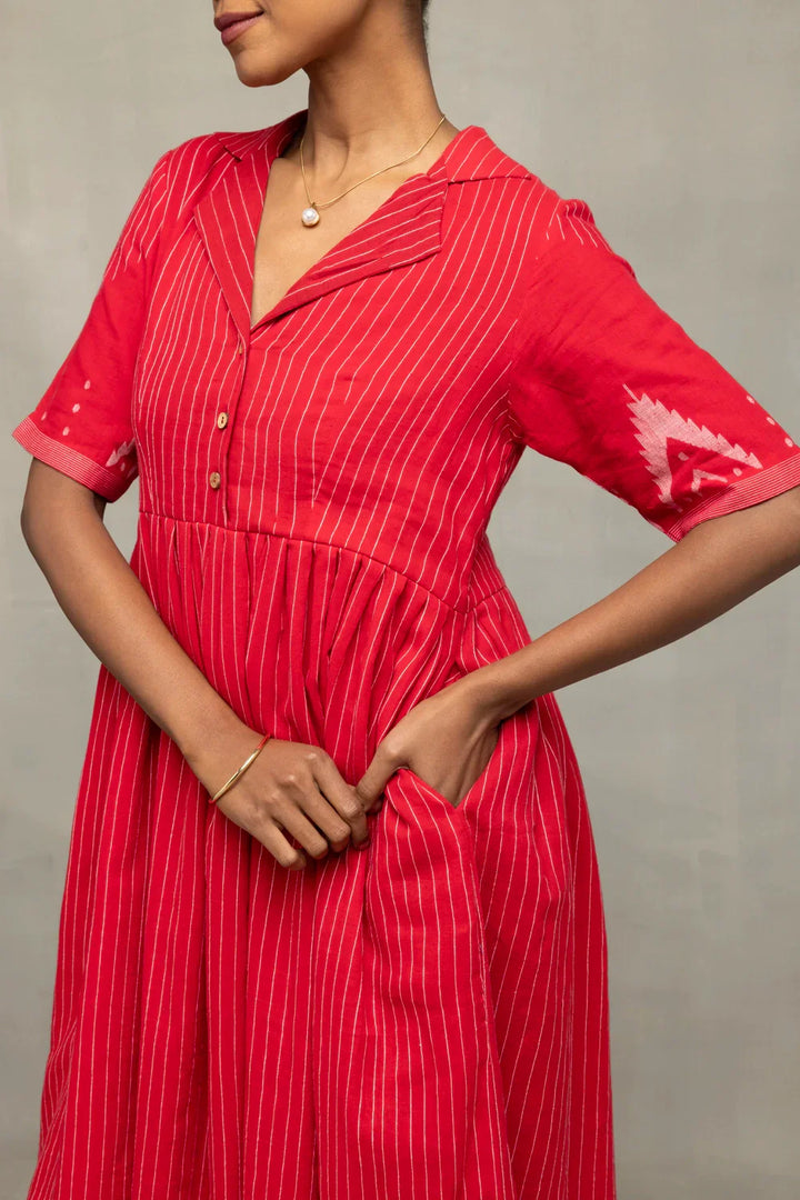 Red and White Temple Jamdani Pujo Kurta Set | SHOBITAM