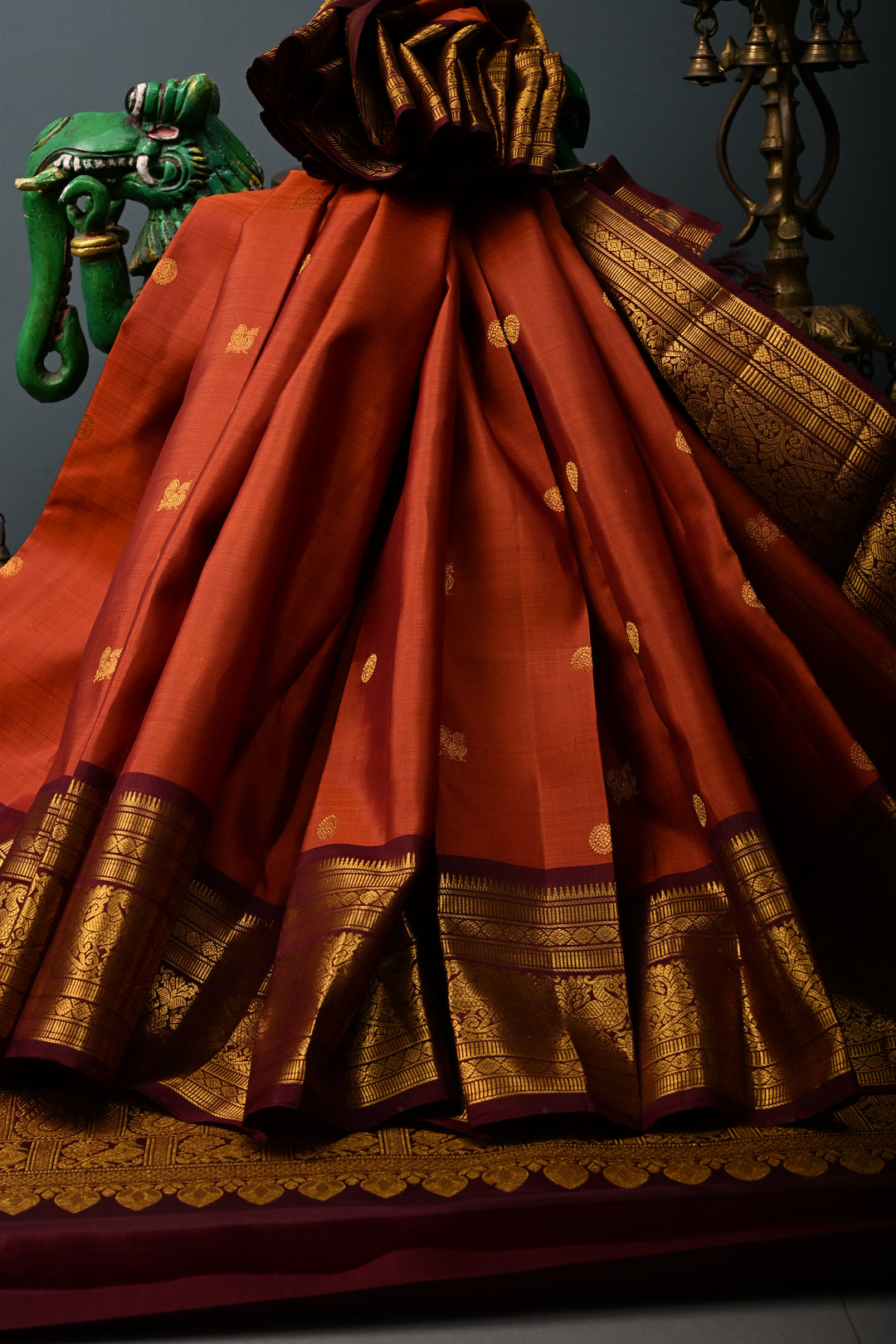 Rust Orange Pure Kanjivaram Silk Saree with Zari Buttas and Contrast Zari Border | SILK MARK CERTIFIED | SHOBITAM