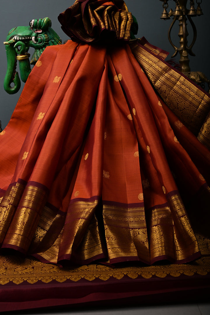 Rust Orange Pure Kanjivaram Silk Saree with Zari Buttas and Contrast Zari Border | SILK MARK CERTIFIED | SHOBITAM