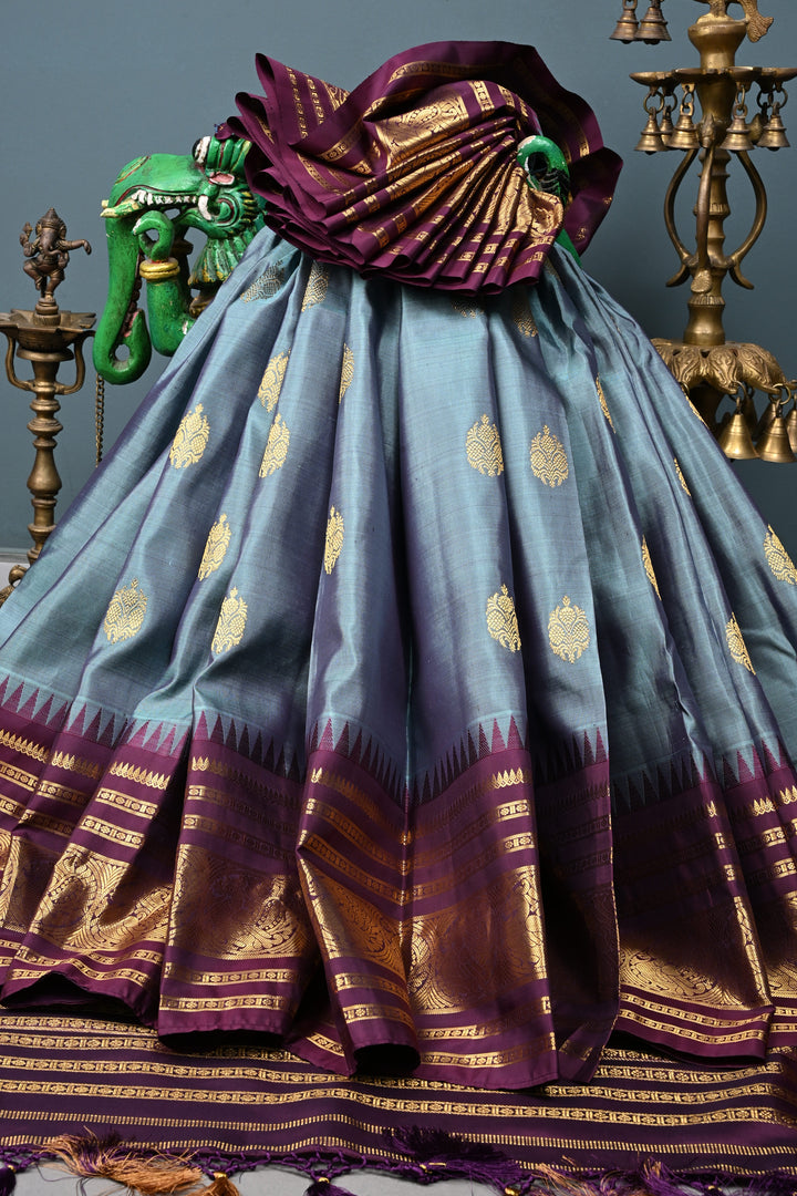 Grayish Blue Gadwal Silk Saree with Zari Buttas and Contrast Wide Zari Border | SILK MARK CERTIFIED | SHOBITAM