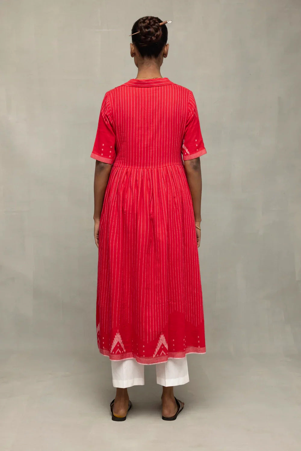 Red and White Temple Jamdani Pujo Kurta Set | SHOBITAM