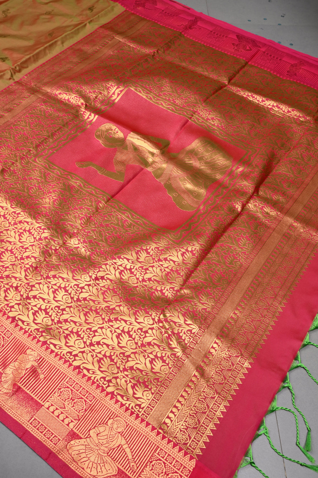 Green-Pink Dual tone Kanchi Semi Silk Saree with Zari Buttas and Zari Border | SHOBITAM