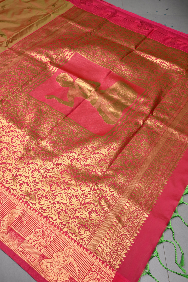 Green-Pink Dual tone Kanchi Semi Silk Saree with Zari Buttas and Zari Border | SHOBITAM