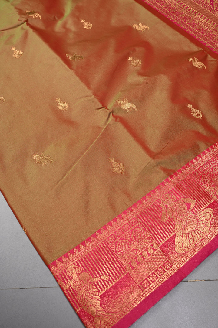 Green-Pink Dual tone Kanchi Semi Silk Saree with Zari Buttas and Zari Border | SHOBITAM
