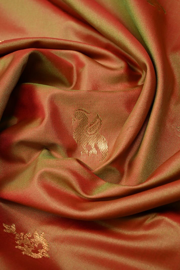 Green-Pink Dual tone Kanchi Semi Silk Saree with Zari Buttas and Zari Border | SHOBITAM
