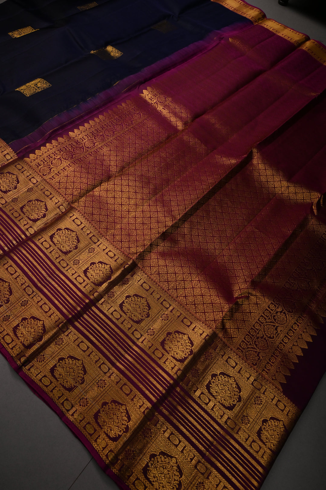 Blue-Black Pure Kanjivaram Silk Saree with Zari Buttas and Contrast Zari Border | SILK MARK CERTIFIED | SHOBITAM
