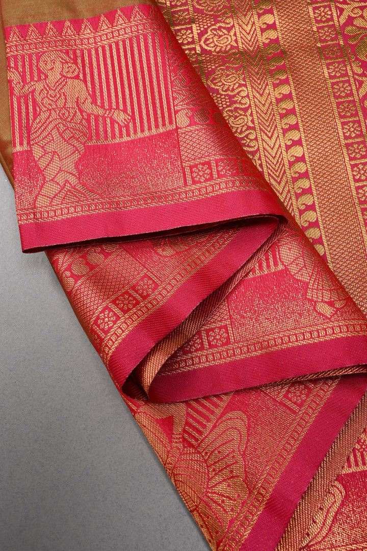 Green-Pink Dual tone Kanchi Semi Silk Saree with Zari Buttas and Zari Border | SHOBITAM