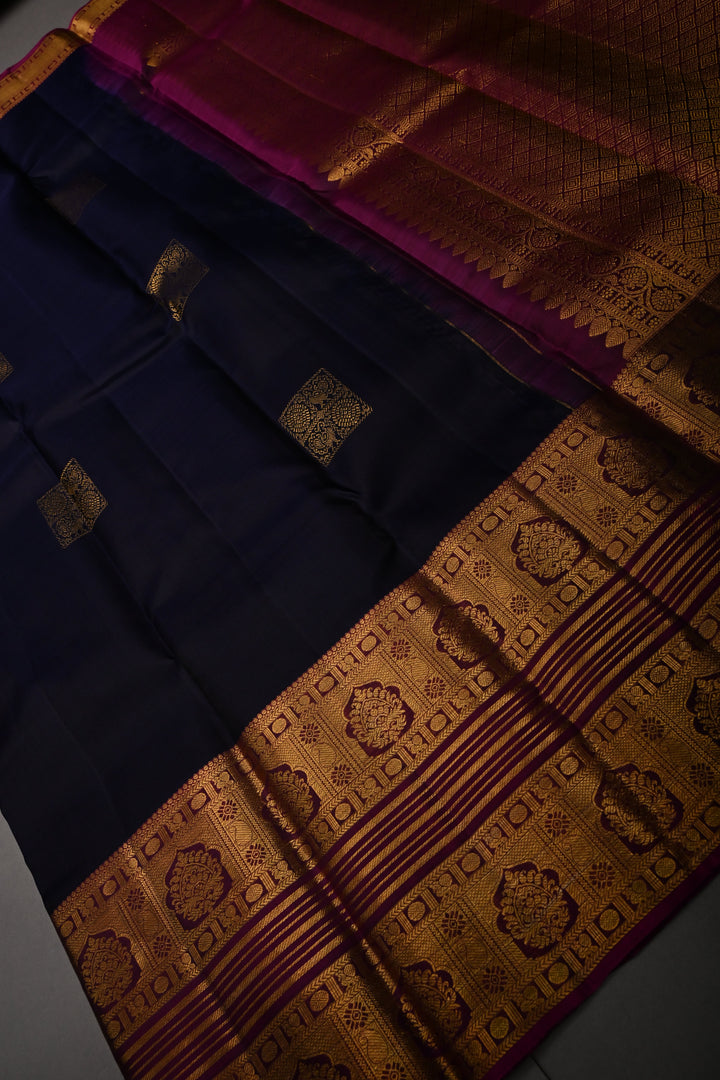 Blue-Black Pure Kanjivaram Silk Saree with Zari Buttas and Contrast Zari Border | SILK MARK CERTIFIED | SHOBITAM