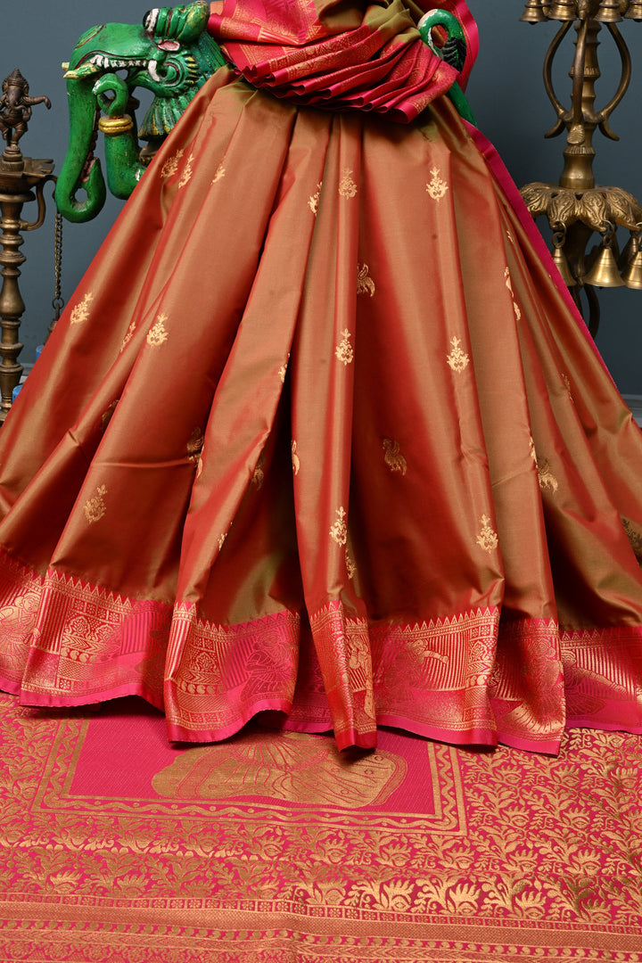 Green-Pink Dual tone Kanchi Semi Silk Saree with Zari Buttas and Zari Border | SHOBITAM