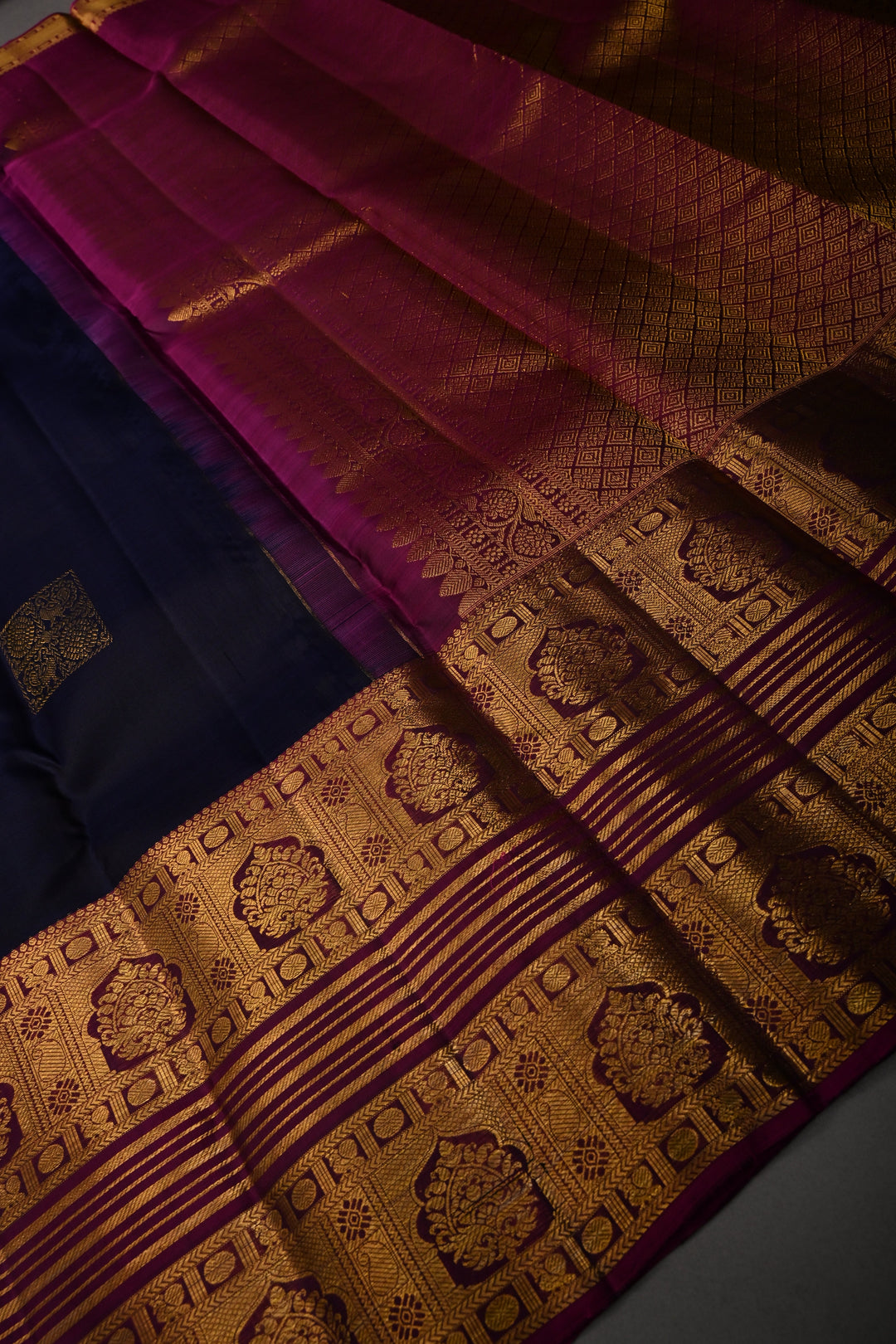 Blue-Black Pure Kanjivaram Silk Saree with Zari Buttas and Contrast Zari Border | SILK MARK CERTIFIED | SHOBITAM